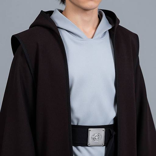 Photograph of a person's upper torso in a black hooded cloak over a light blue hoodie, belted at the waist with a silver buckle.