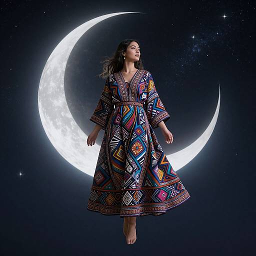 Photograph of a woman in a colorful, patterned dress floating against a glowing crescent moon and starry night sky.