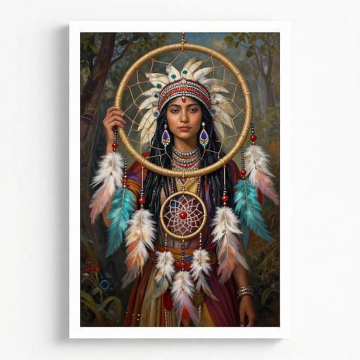 Photograph of a Native American woman with dark skin, long black hair, wearing a feathered headpiece, colorful beadwork, and holding a dream