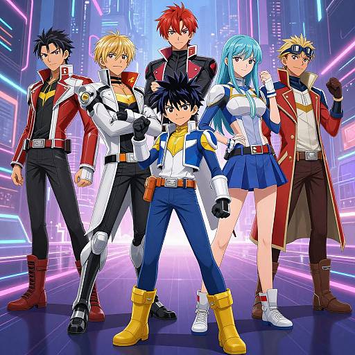 Digital anime artwork of six colorful, futuristic, sci-fi heroes in neon-lit cityscape, wearing diverse outfits with vibrant colors and bold designs.
