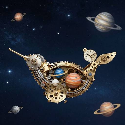 Digital art: Steampunk-style spacecraft with gears and clockwork elements, featuring planets Jupiter, Saturn, and others in a starry space background.