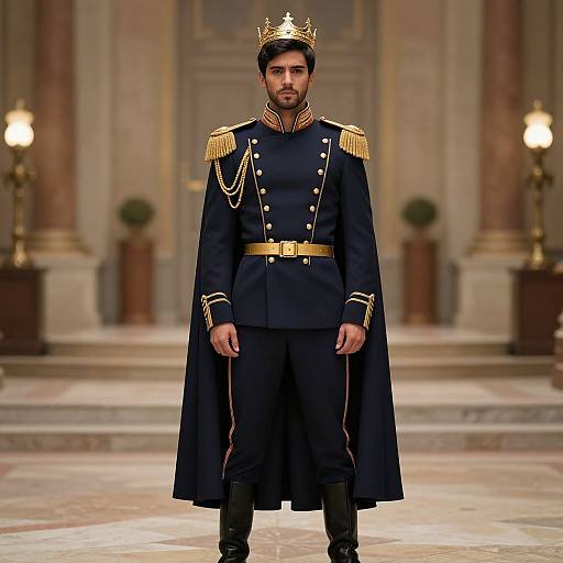 Photograph of a bearded man with dark hair, wearing a dark blue military-style uniform with gold epaulettes, crown, long cape,