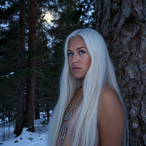 Photograph of a young woman with long, platinum blonde hair, blue eyes, and fair skin, standing against a tree in a snowy forest at night