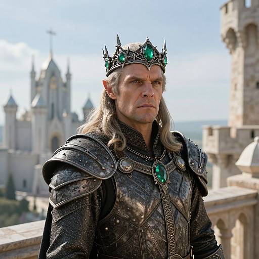 Photograph of a stern, long-haired, elven king with pointed ears wearing a green gemmed crown and dark, ornate armor, standing on
