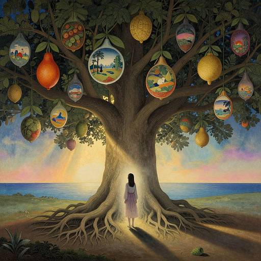 Digital painting of a girl standing before a magical tree with fruit orbs depicting surreal landscapes, sunlit ocean horizon in background.