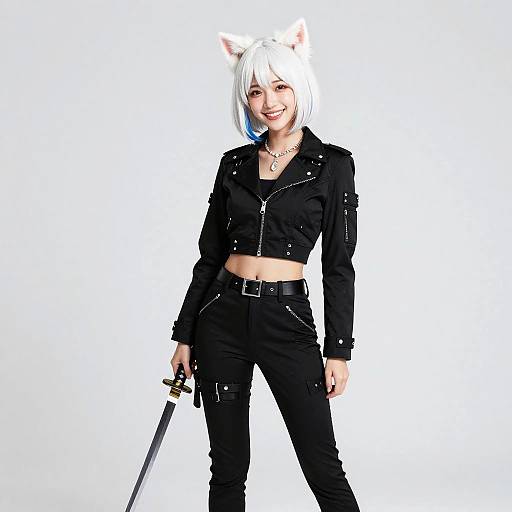Ulzzang Style Woman with Cat Ears and Katana
