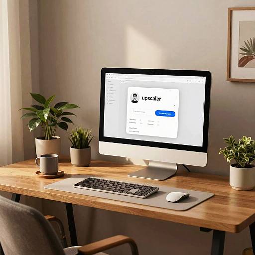 Photograph of a modern wooden desk with a silver iMac displaying an app update, three potted plants, a keyboard, mouse, and framed art
