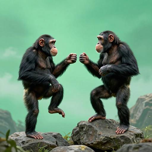 Photograph of two black-furred, brown-faced baby chimpanzees standing on rocks, facing each other, hands raised in a playful gesture against a