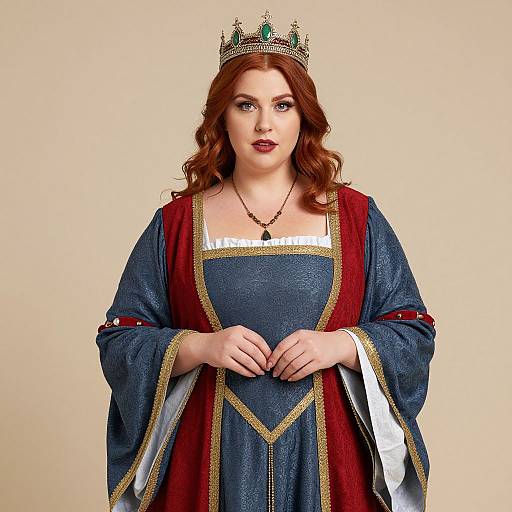 Photograph of a fair-skinned, red-haired woman in a medieval-style blue and red gown with gold trim, wearing a green and gold crown,