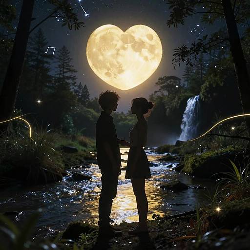 Silhouetted Friends Beneath Heart Moon