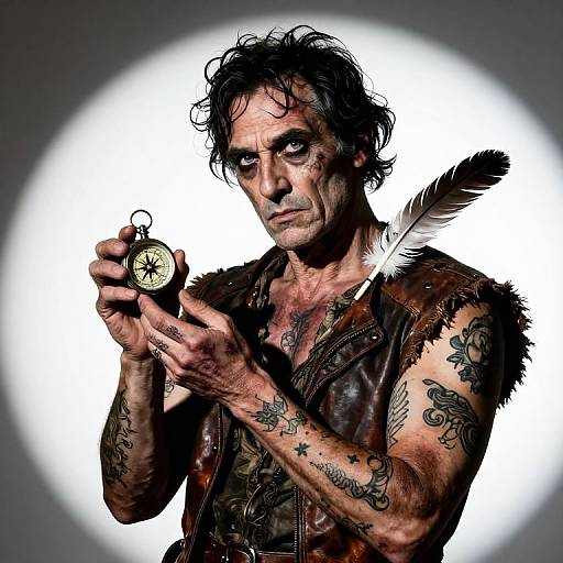 Photograph of a heavily tattooed, disheveled man with dark, messy hair, holding an antique pocket watch, wearing a leather vest, against