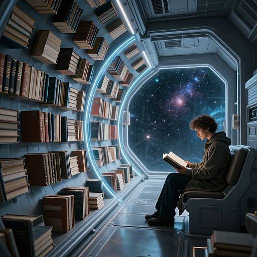 Photorealistic CGI: Curly-haired man in dark hoodie reads book in futuristic spaceship library with glowing bookshelf arch and starry space view.
