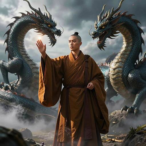 Photorealistic CGI: Asian monk in brown robe, standing between two fierce blue dragons, raising hand to summon light in misty, rocky landscape.