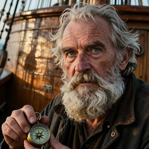 Photograph of an elderly man with a white beard, holding a compass, standing in front of a wooden barrel, with intense blue eyes and weathered