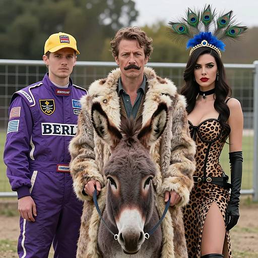 Three People and Donkey with Distinctive Outfits