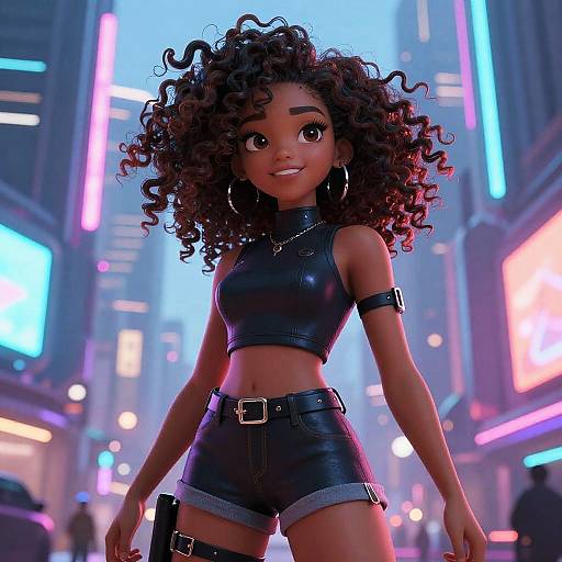Curly Hair Anime Girl in Futuristic City