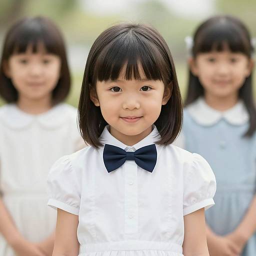 Photograph of a smiling young Asian girl with black bob haircut, wearing a white shirt with black bow, surrounded by two blurred girls in similar outfits.