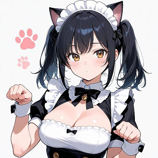 Anime Maid with Cat Ears and Paw Pose