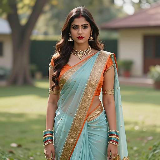 Indian Woman in Traditional Saree Outdoors