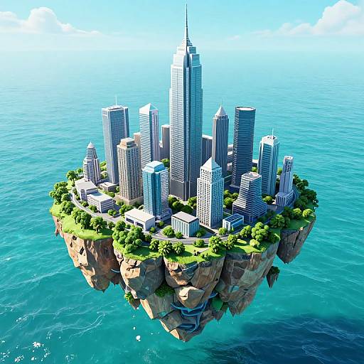 Digital CGI of a futuristic floating island city with tall skyscrapers, greenery, and clear blue ocean background under a bright sky.