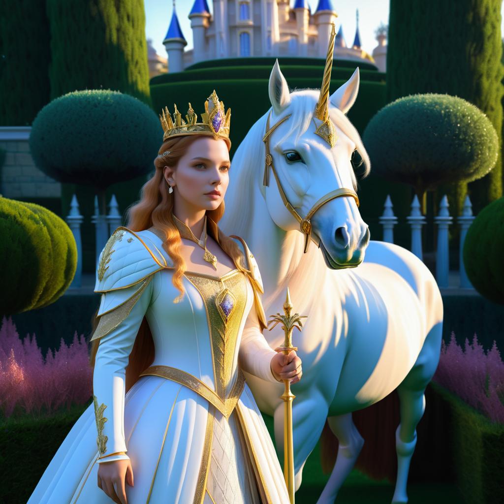 Noble Queen and Unicorn in Royal Garden