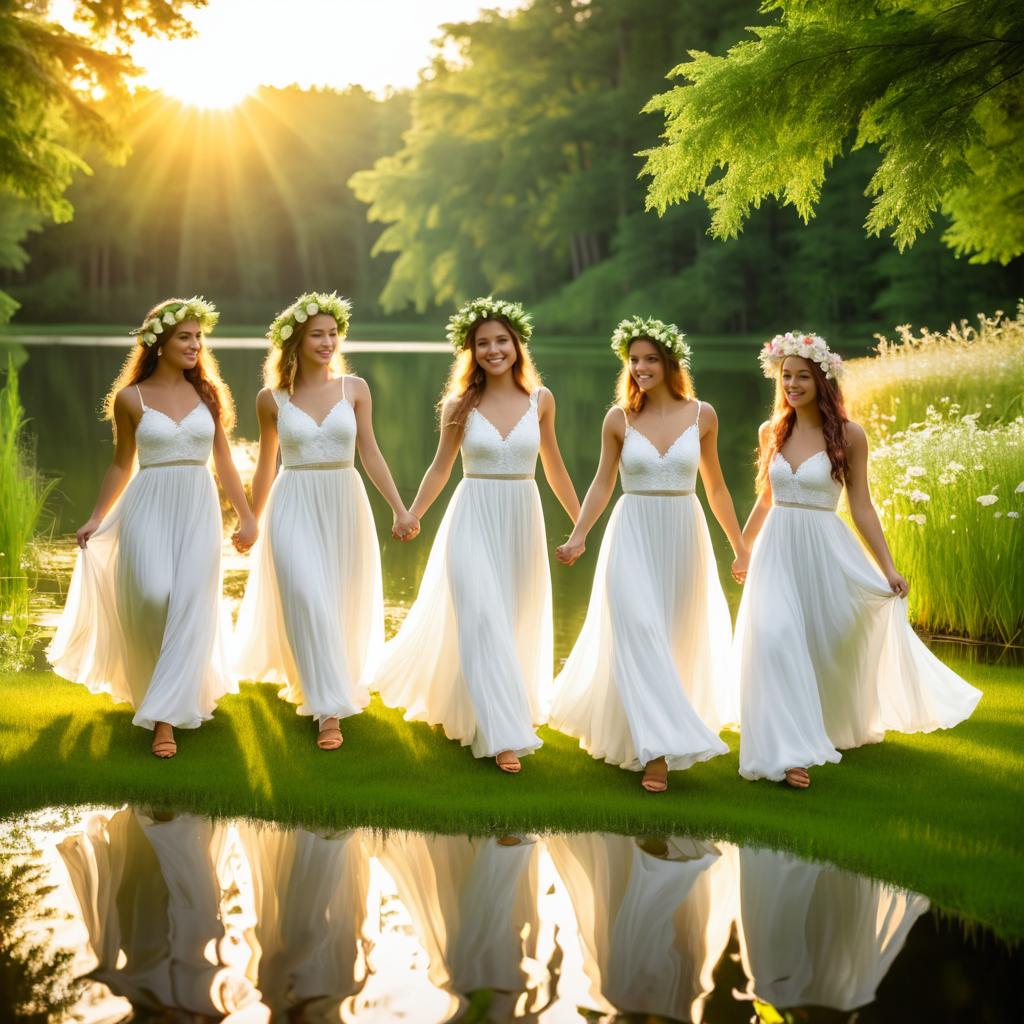 Joyful Girls in Flower Crowns by Hidden Lake