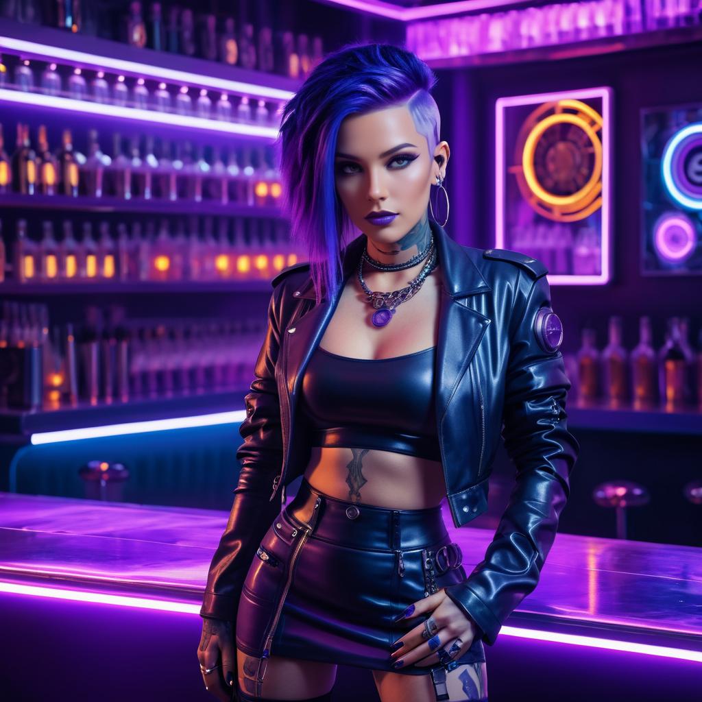 Vibrant Cyberpunk Bartender in Futuristic Bar