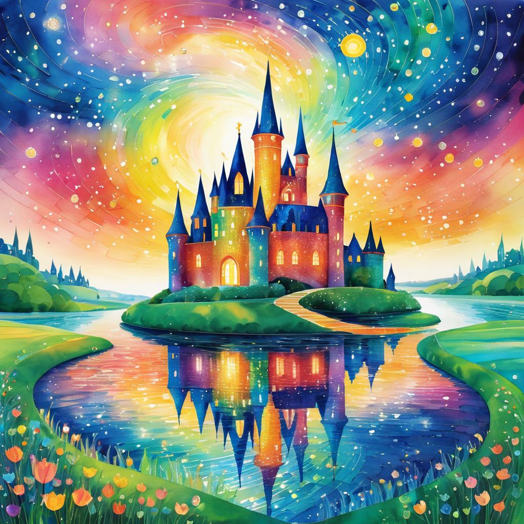 Whimsical Castle with Vibrant Sunset