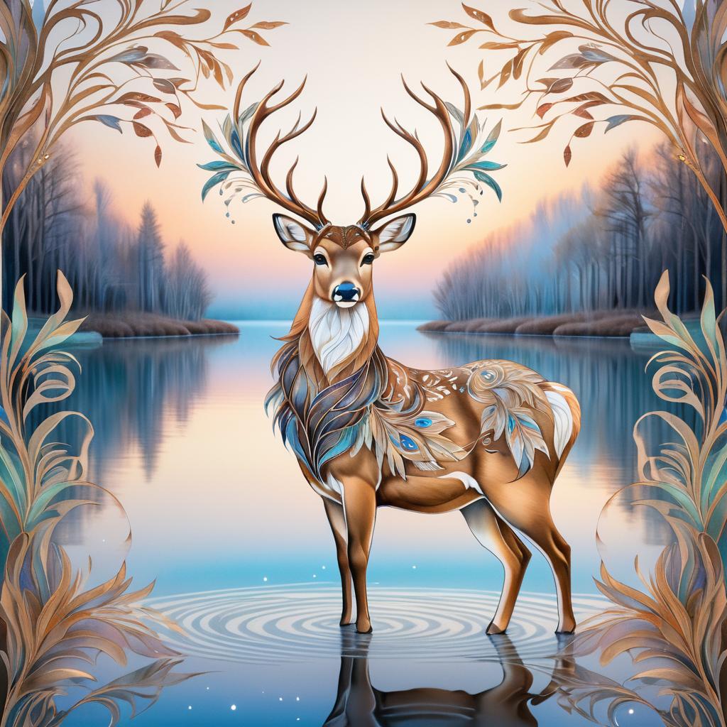 Graceful Art Nouveau Deer by the Lake