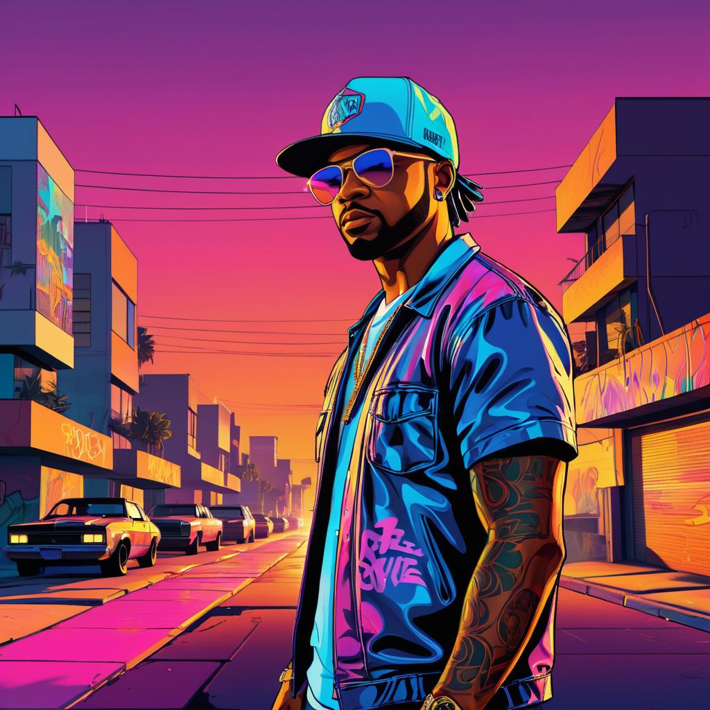 Vibrant Sunset Graffiti Artist Illustration