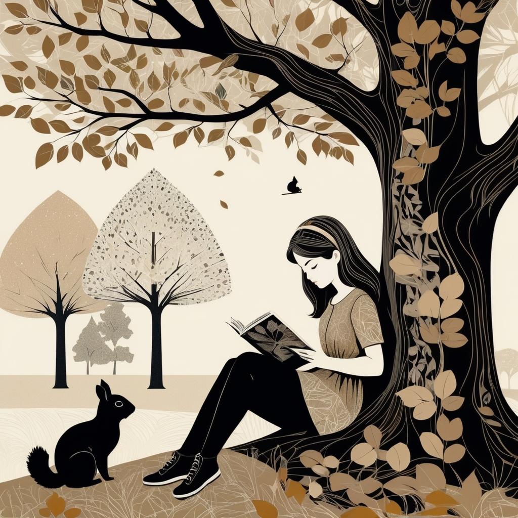 Girl Reading Under a Tree with Squirrel