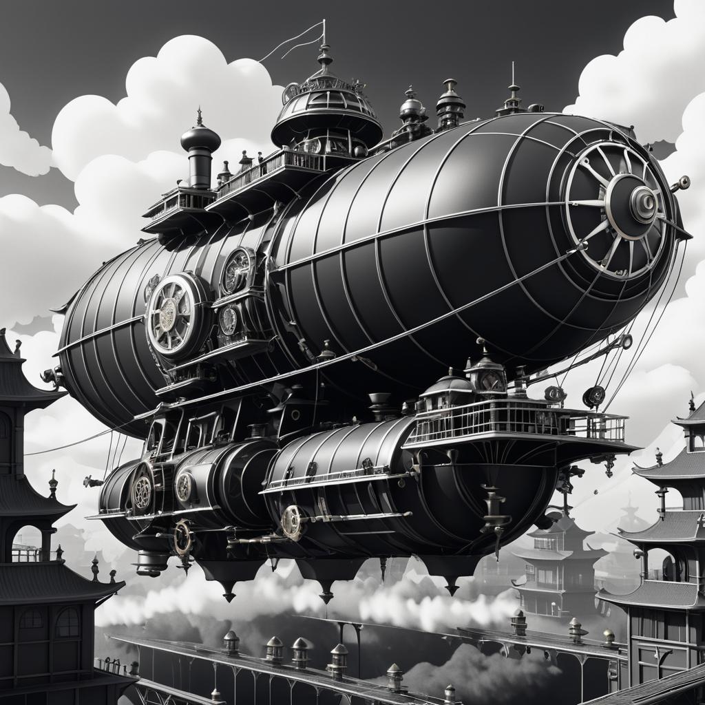 Retro Anime Steam-Powered Airship Artwork