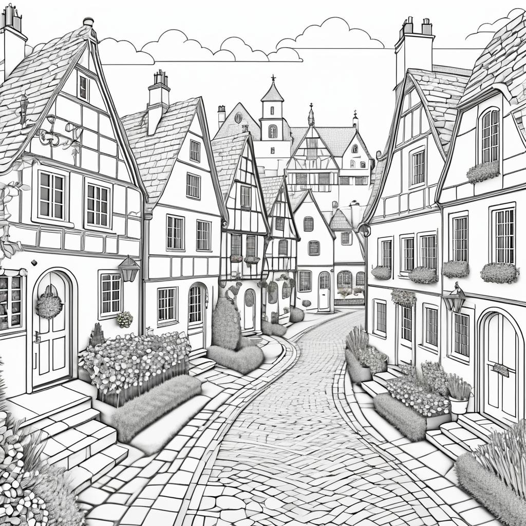 Charming Village Scene Line Art Coloring Page