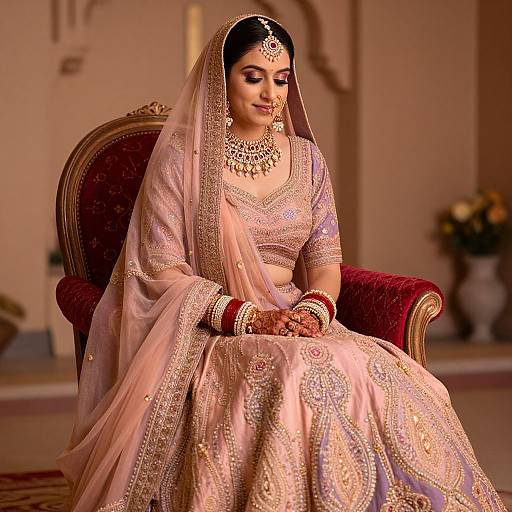 Photograph of a South Asian bride in an ornate pink and gold traditional lehenga, seated on a red velvet chair, adorned with intricate jewelry and