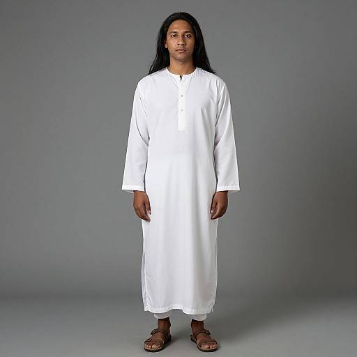 Photograph of a young man with long black hair, wearing a plain white traditional long tunic and brown sandals, standing against a gray background.