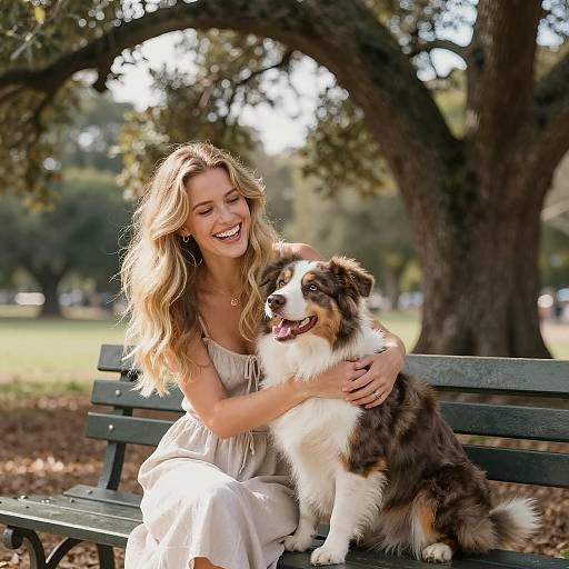Woman Hugging Australian Shepherd Dog on Park Bench