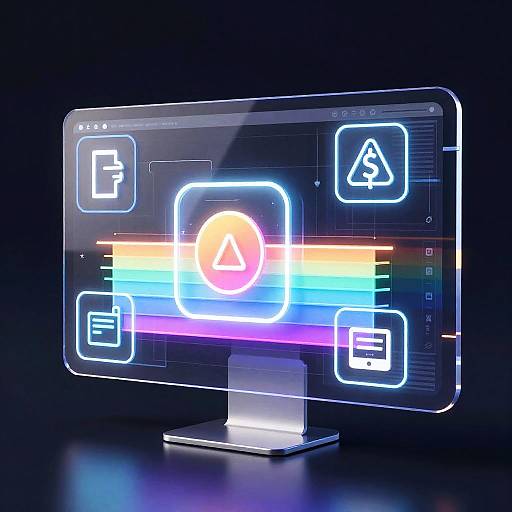 Neon-lit digital touchscreen display with glowing icons (file, triangle, file, triangle) and colorful stripes on a black background.