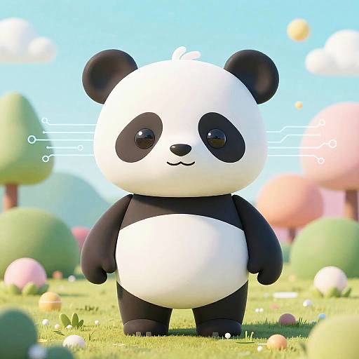 Cute, chibi-style digital cartoon of a black and white panda standing in a colorful, sunny meadow with pastel trees and floating eggs.