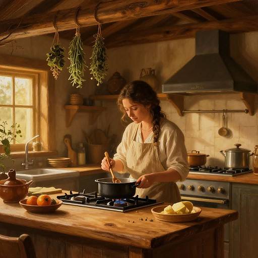 Photograph: Warm, rustic kitchen with wooden ceiling beams, sunlight through window, young woman in apron cooking on stove, herbs hanging, bowl of
