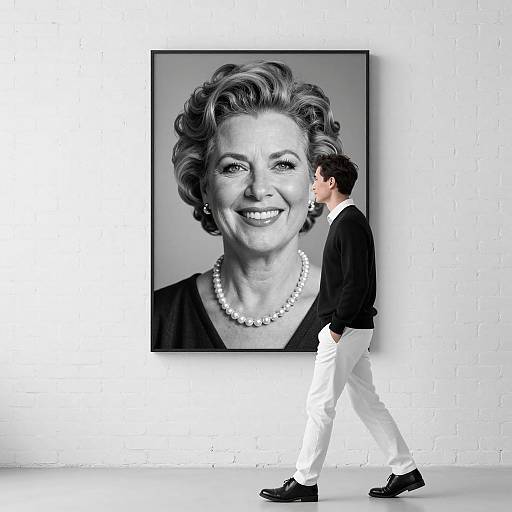 Man Walking Beside Portrait in Urban Setting