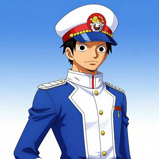 Digital anime-style drawing of a serious young man in a blue and white naval officer uniform with a white hat and red band. Blue gradient background.