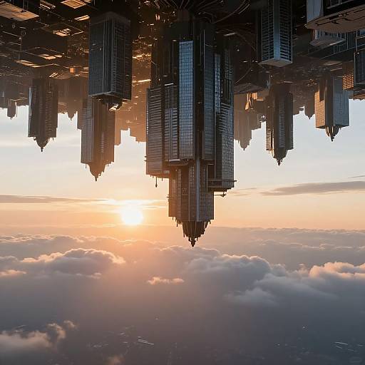 Photograph of a futuristic cityscape with towering, suspended skyscrapers at sunset, casting shadows over a layer of clouds below.