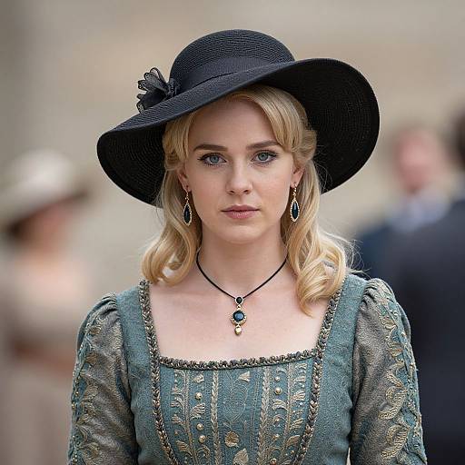 Photograph of a blonde woman with blue eyes, wearing a black hat, teal embroidered dress, black necklace, and earrings, in a blurred outdoor setting
