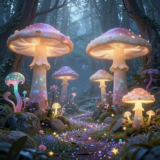 Digital fantasy artwork of a glowing, enchanted forest with bioluminescent mushrooms, fairy lights, and colorful, ethereal flora along a moonlit path
