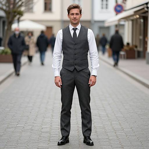 Photograph of a handsome young man in a black vest, white shirt, and black trousers standing on a cobblestone street, with blurred pedestrians and