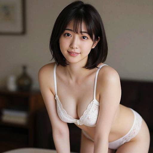 Photograph of an Asian woman with short black hair, wearing white lace lingerie, leaning forward with a smile in a softly lit room.