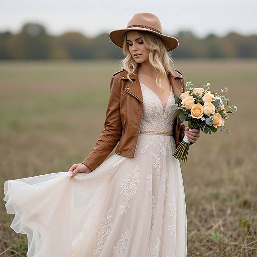 Photograph of a blonde woman in a brown hat, brown leather jacket, and white lace dress, holding a bouquet of roses, standing in a grass
