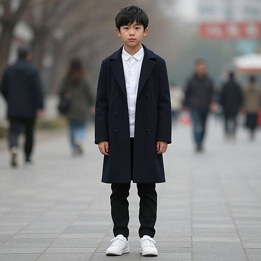 Photograph of a young Asian boy standing in an urban street, wearing a black coat, white shirt, black pants, and white sneakers, with blurred