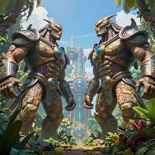Digital artwork of two muscular, armored, humanoid warriors with blue gem-embedded chests, standing in a lush, jungle-like foreground with a futuristic, glowing