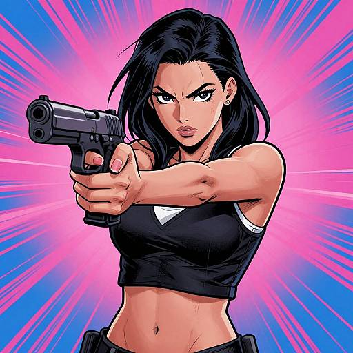 Digital comic-style drawing of a fierce, black-haired woman in a black crop top, aiming a handgun with intense focus, against a vibrant pink and blue